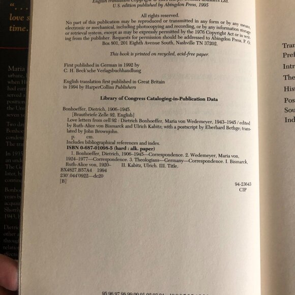 Love Letters From Cell 92 Correspondence Bonhoeffer Wedemeyer 1943-45 Hardcover - Picture 5 of 8